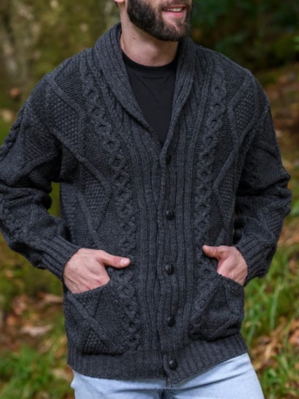 Aran Crafts Made in Ireland | Men’s Shawl Neck Diamond Stitch Cardigan Gray